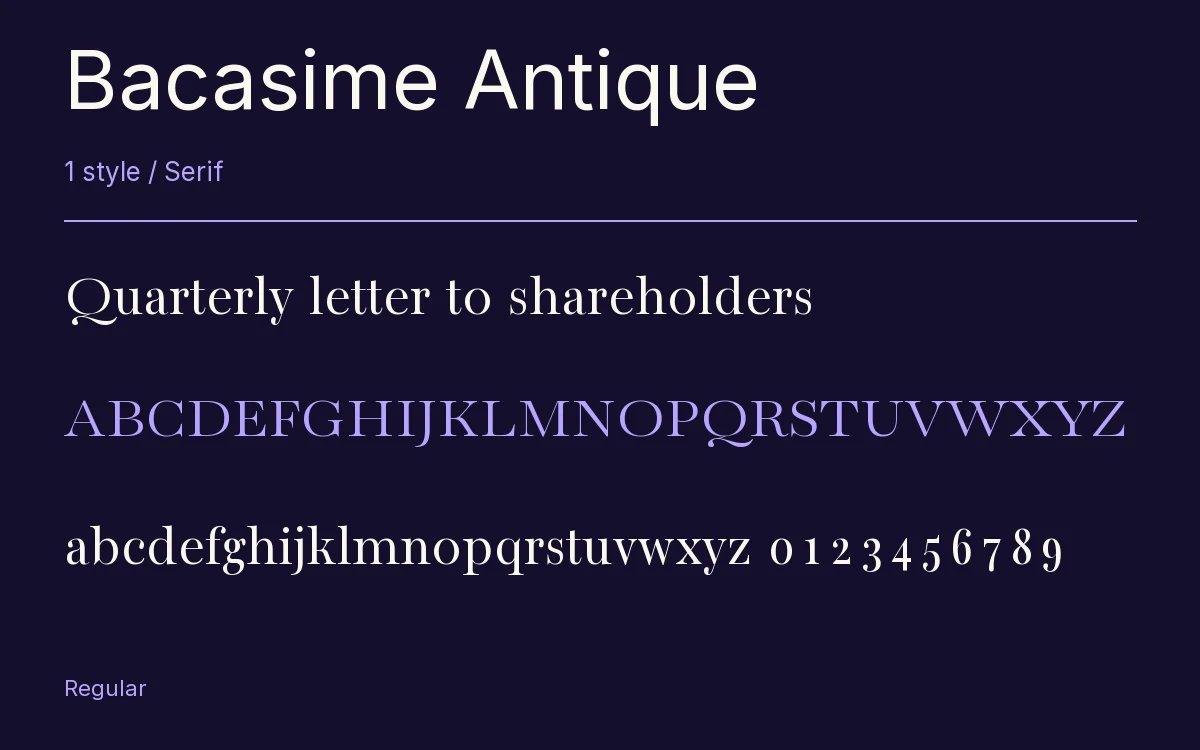 Bacasime Antique type specimen with letters and figures
