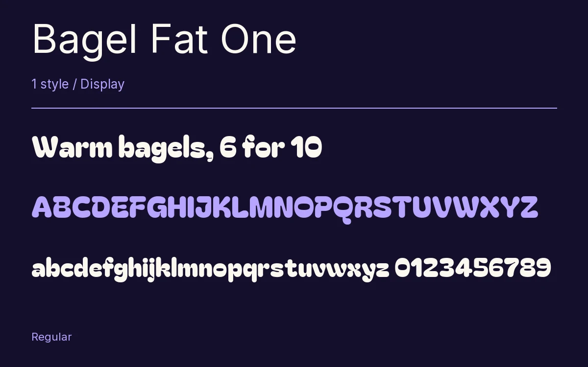 Bagel Fat One type specimen with letters and figures