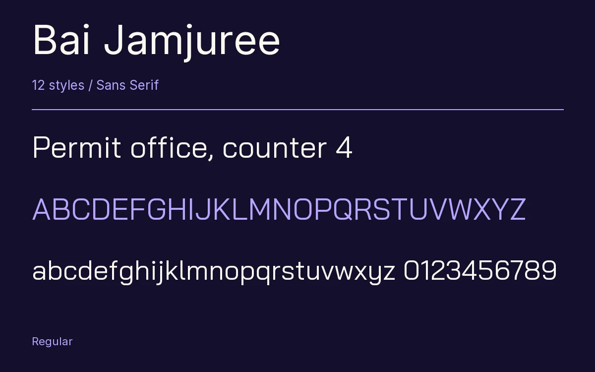 Bai Jamjuree type specimen with letters and figures