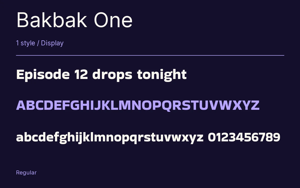 Bakbak One type specimen with letters and figures