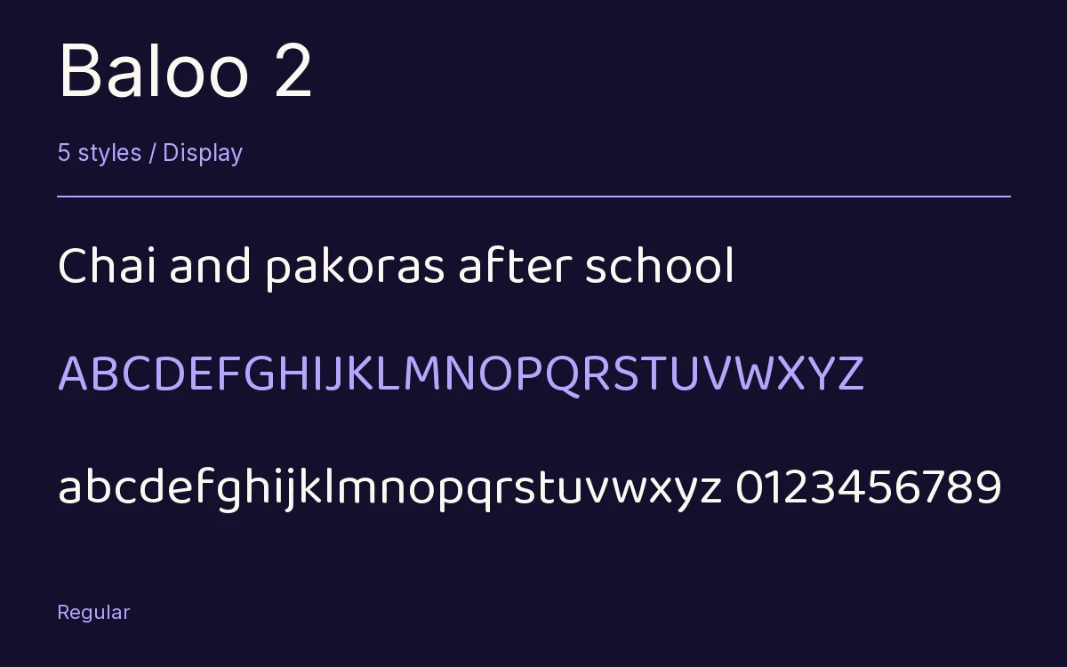 Baloo 2 type specimen with letters and figures