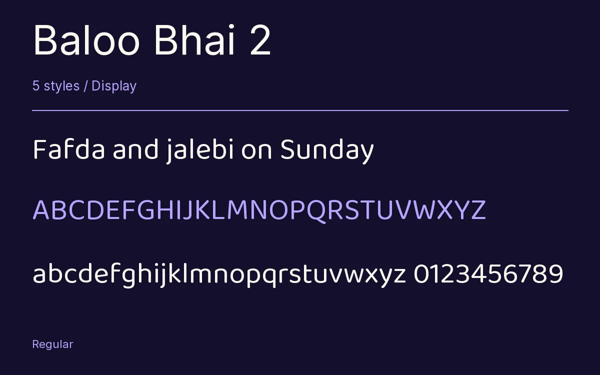 Baloo Bhai 2 type specimen with letters and figures