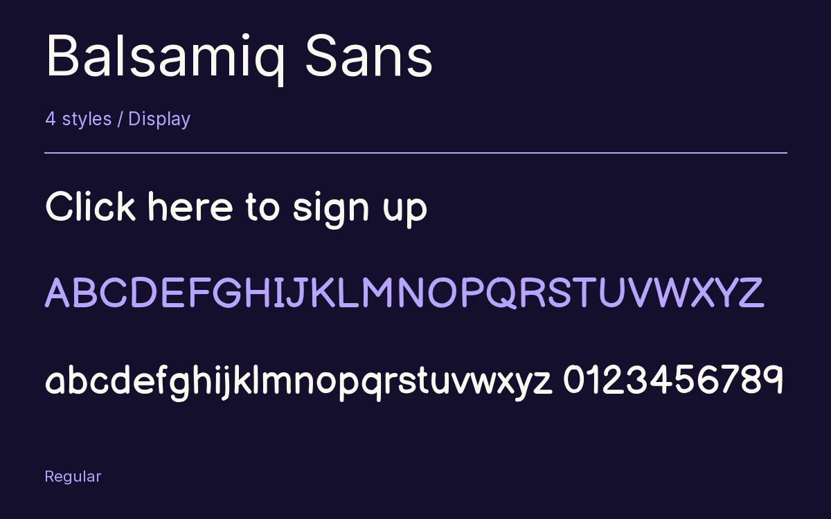 Balsamiq Sans type specimen with letters and figures
