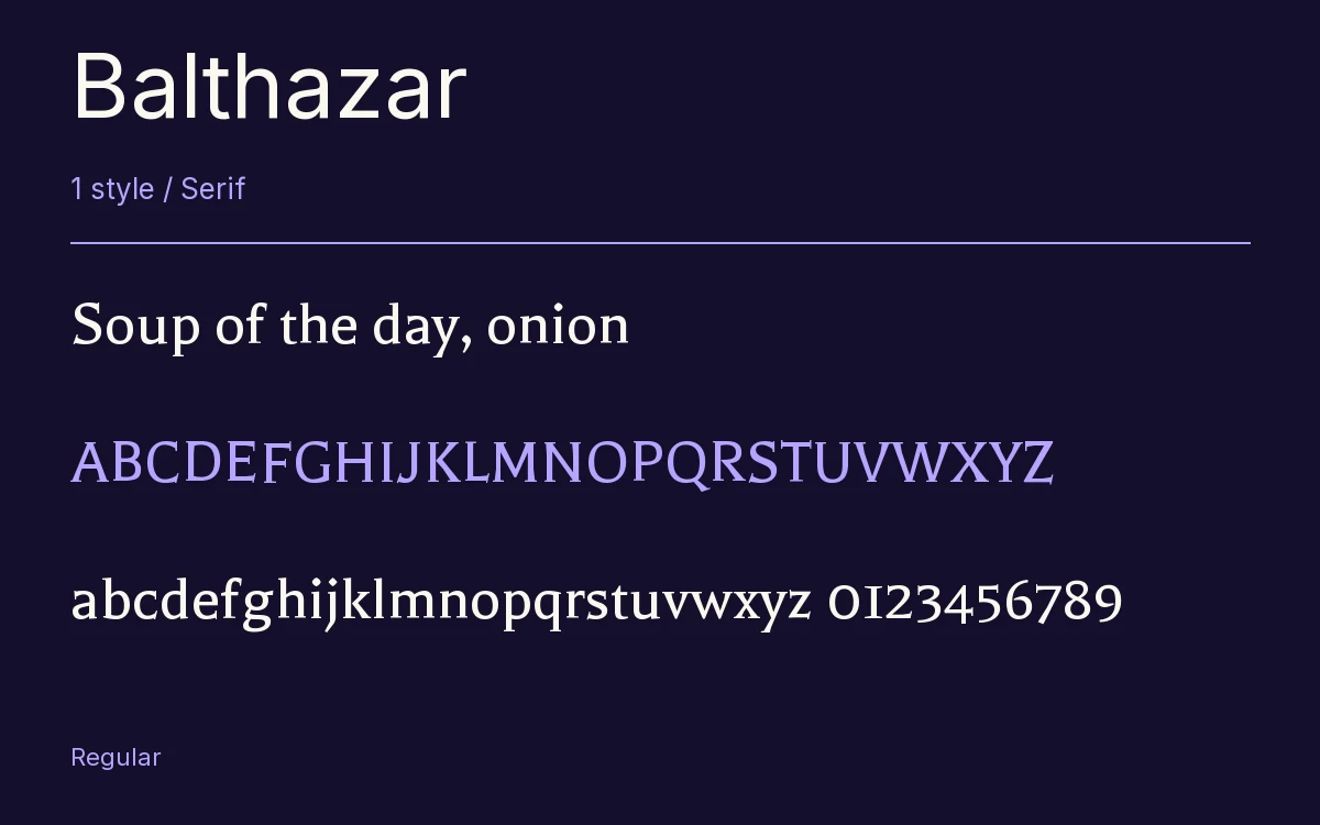 Balthazar type specimen with letters and figures