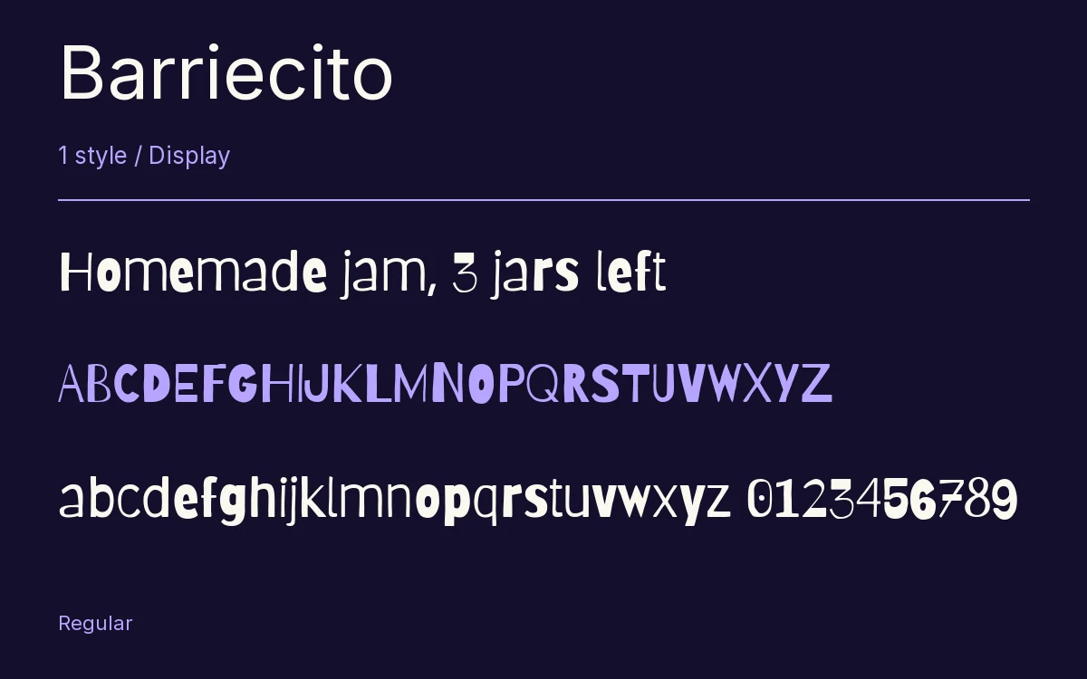 Barriecito type specimen with letters and figures