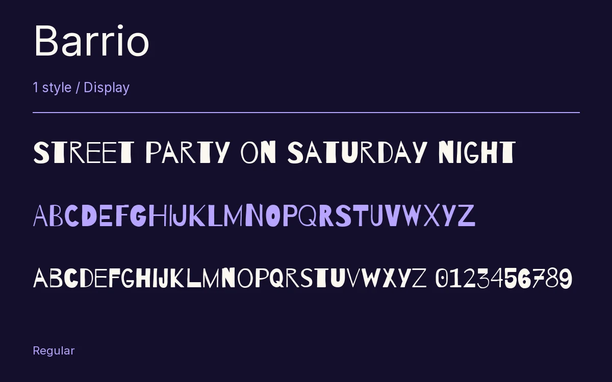Barrio type specimen with letters and figures