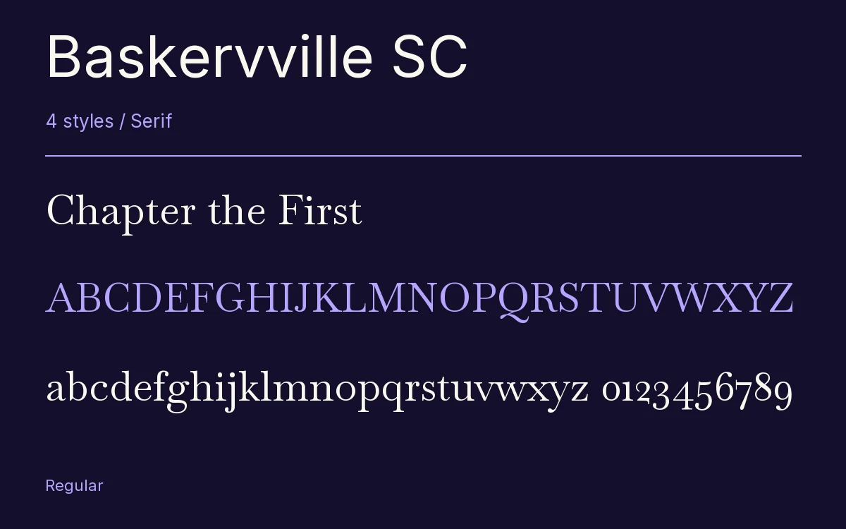 Baskervville SC type specimen with letters and figures