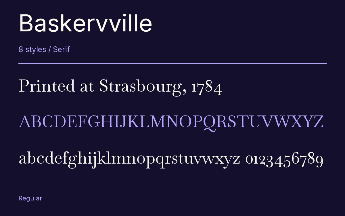 Baskervville type specimen with letters and figures