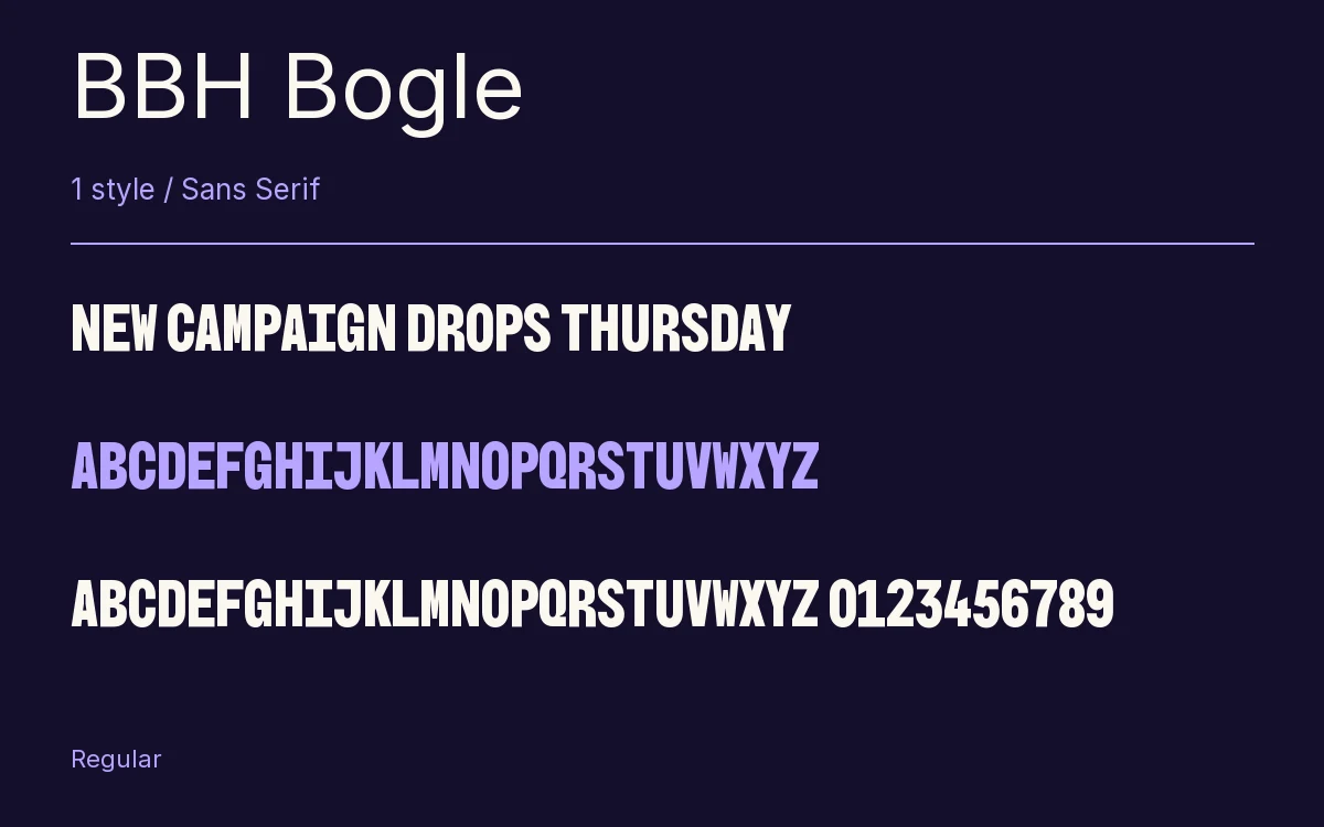BBH Bogle type specimen with letters and figures