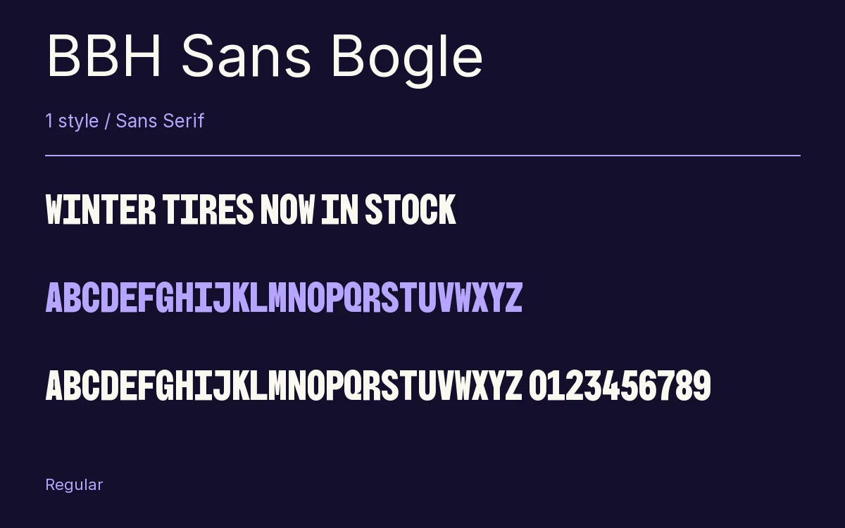 BBH Sans Bogle type specimen with letters and figures
