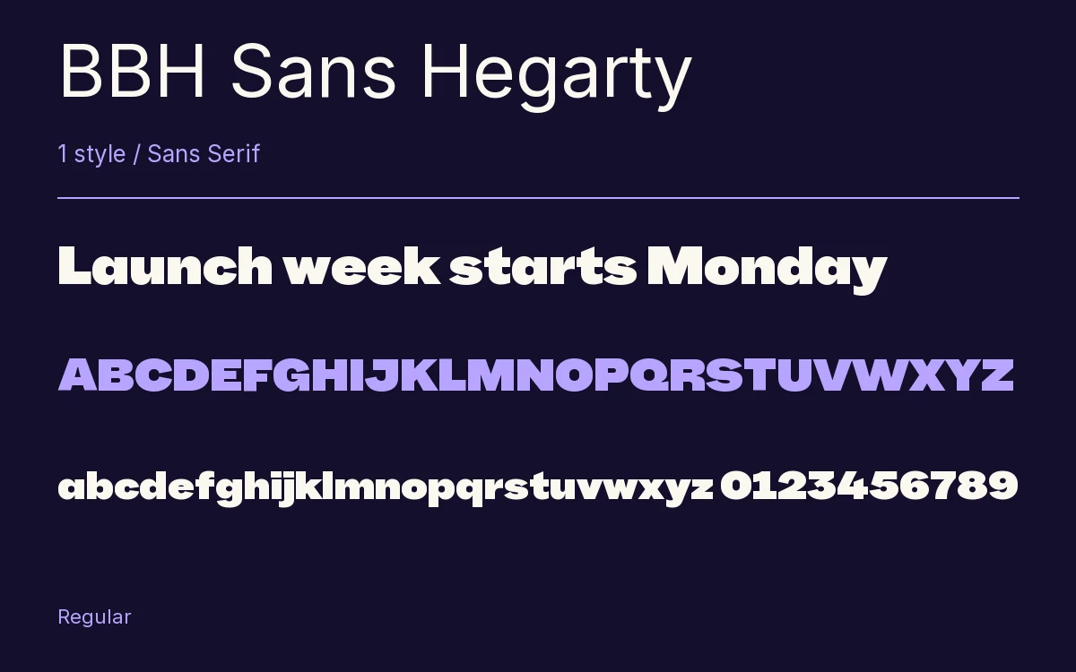 BBH Sans Hegarty type specimen with letters and figures