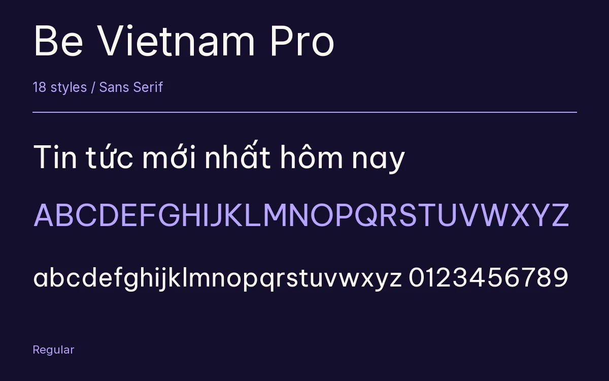 Be Vietnam Pro type specimen with letters and figures