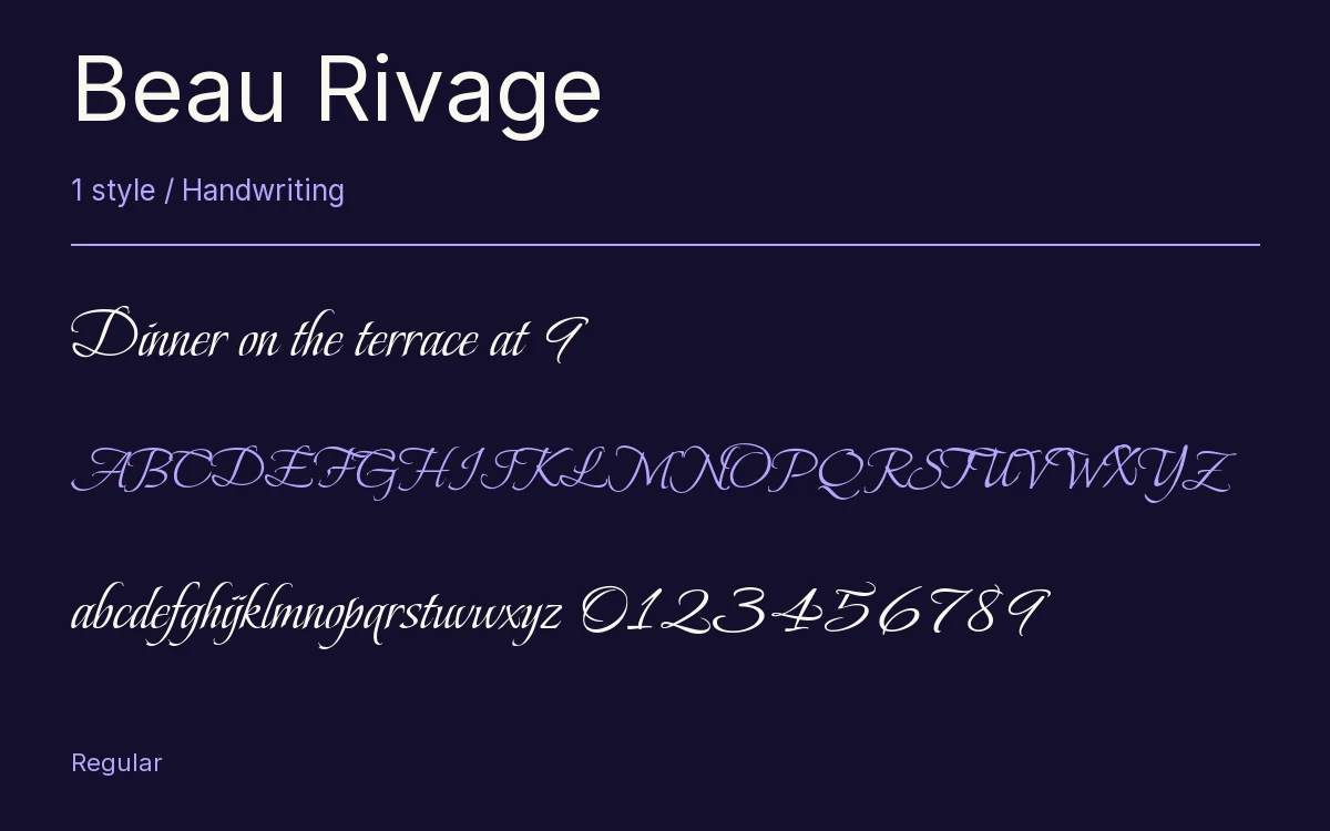 Beau Rivage type specimen with letters and figures