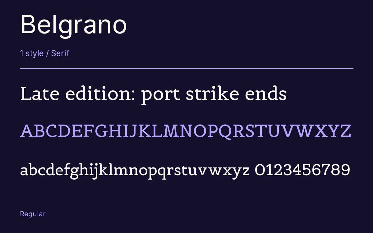 Belgrano type specimen with letters and figures