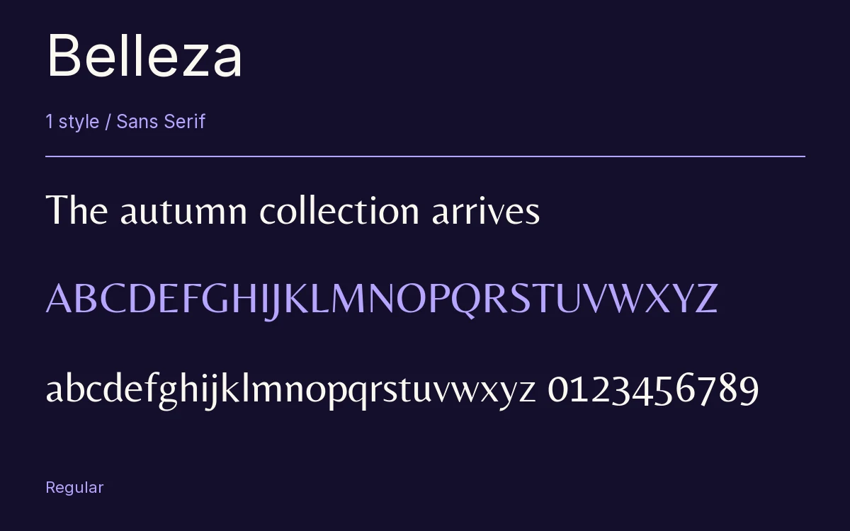 Belleza type specimen with letters and figures