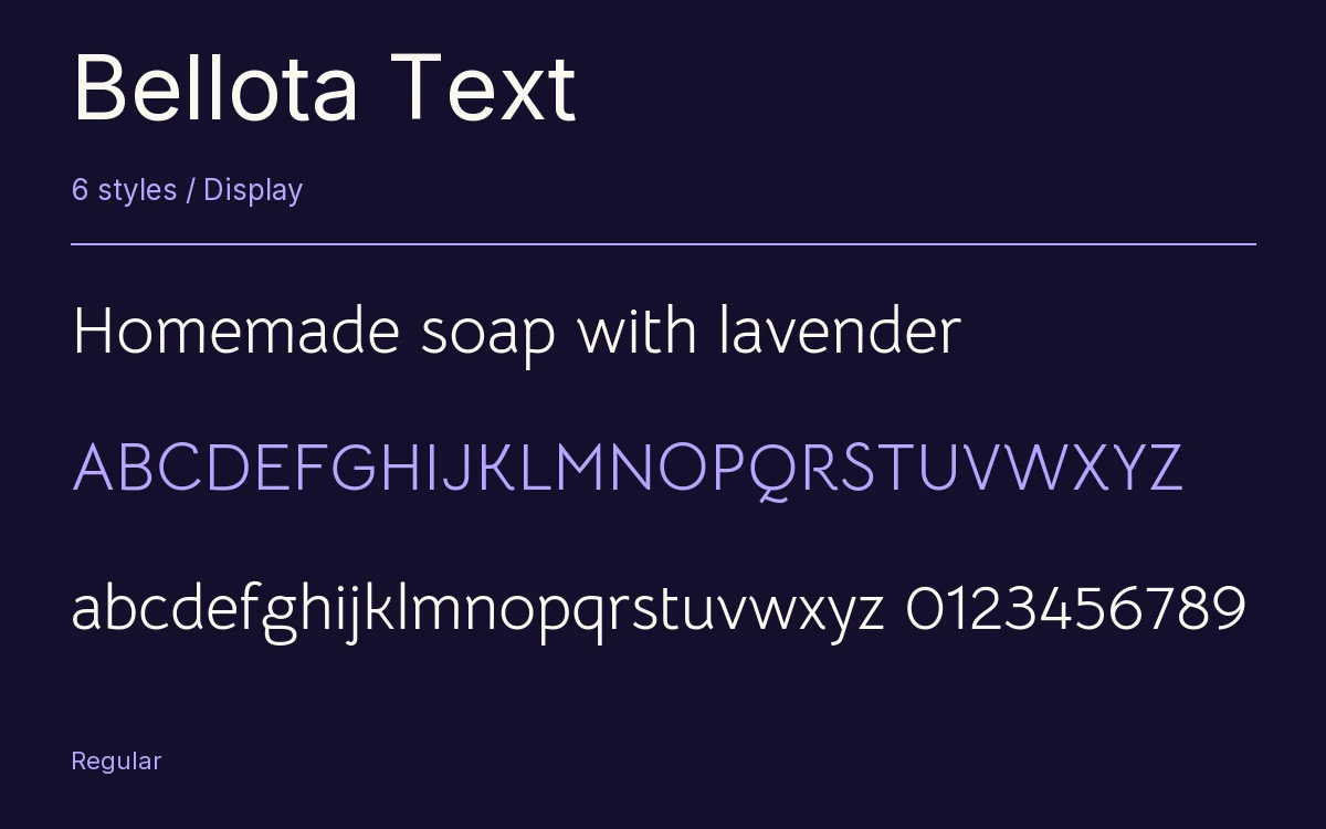 Bellota Text type specimen with letters and figures