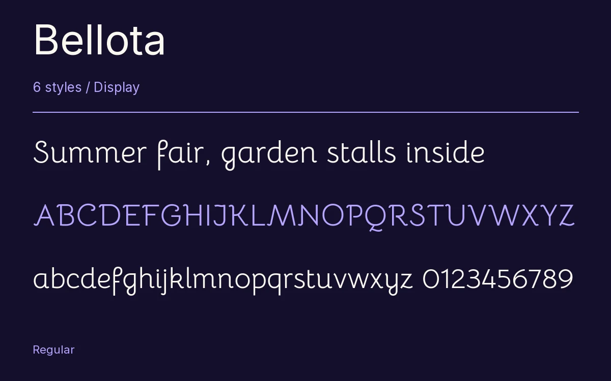 Bellota type specimen with letters and figures