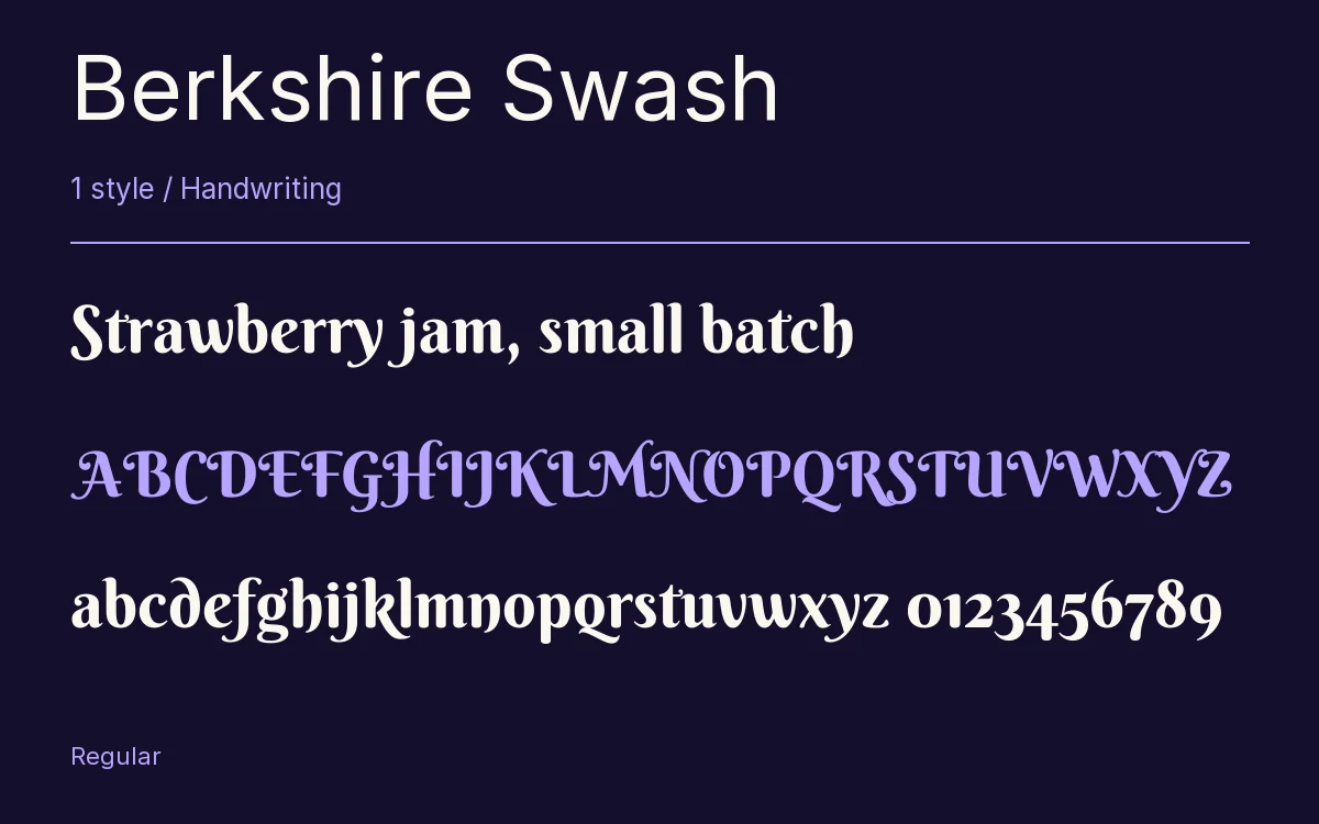 Berkshire Swash type specimen with letters and figures