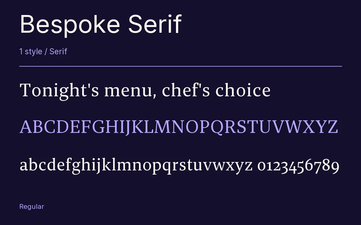 Bespoke Serif type specimen with letters and figures