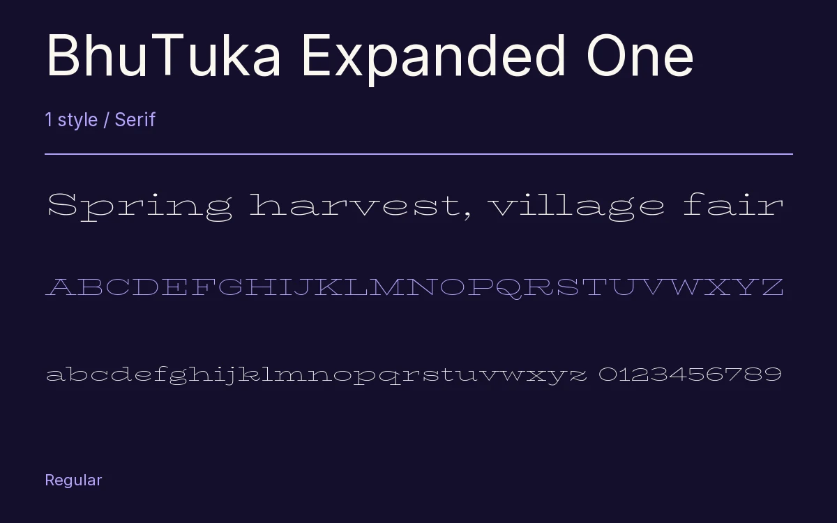 BhuTuka Expanded One type specimen with letters and figures