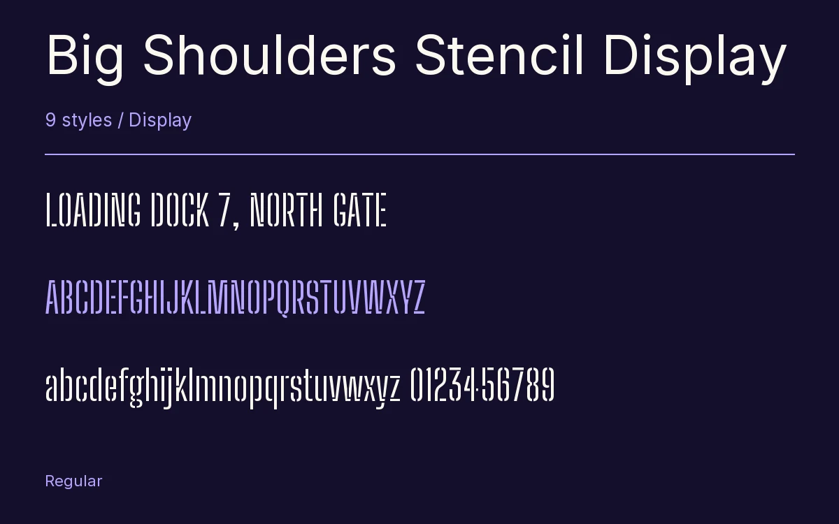 Big Shoulders Stencil Display type specimen with letters and figures