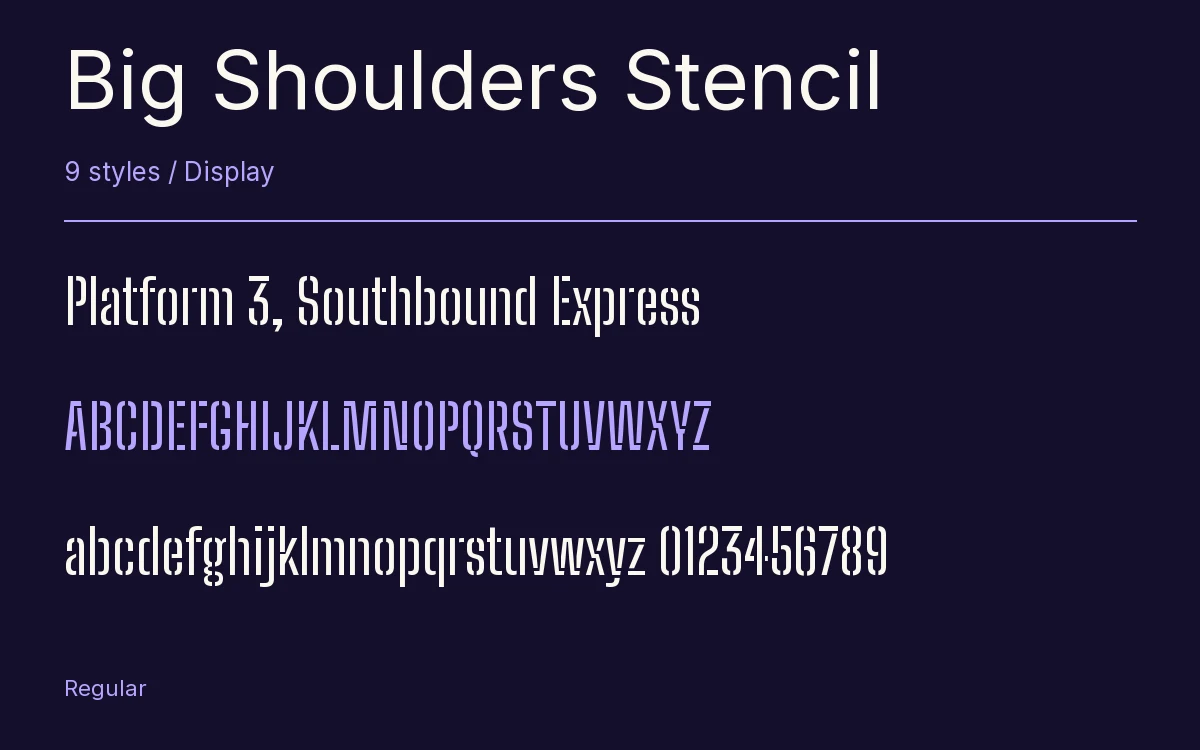 Big Shoulders Stencil type specimen with letters and figures