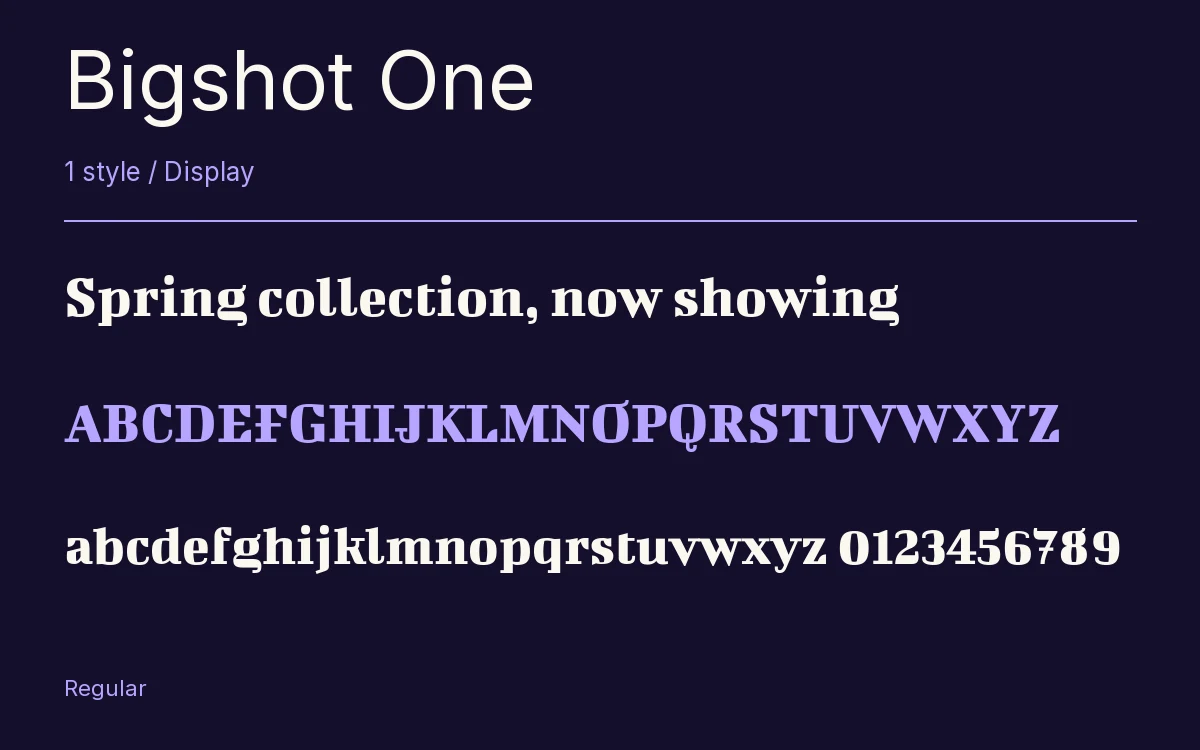 Bigshot One type specimen with letters and figures