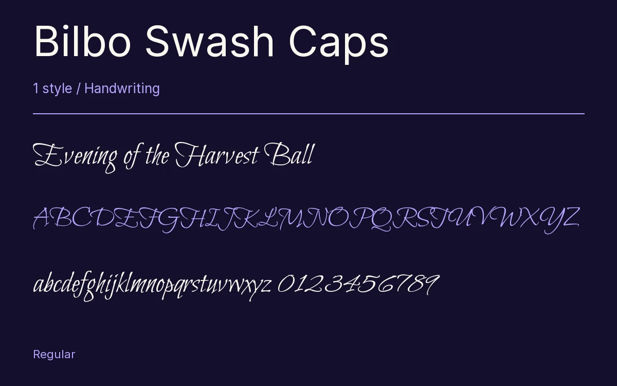Bilbo Swash Caps type specimen with letters and figures