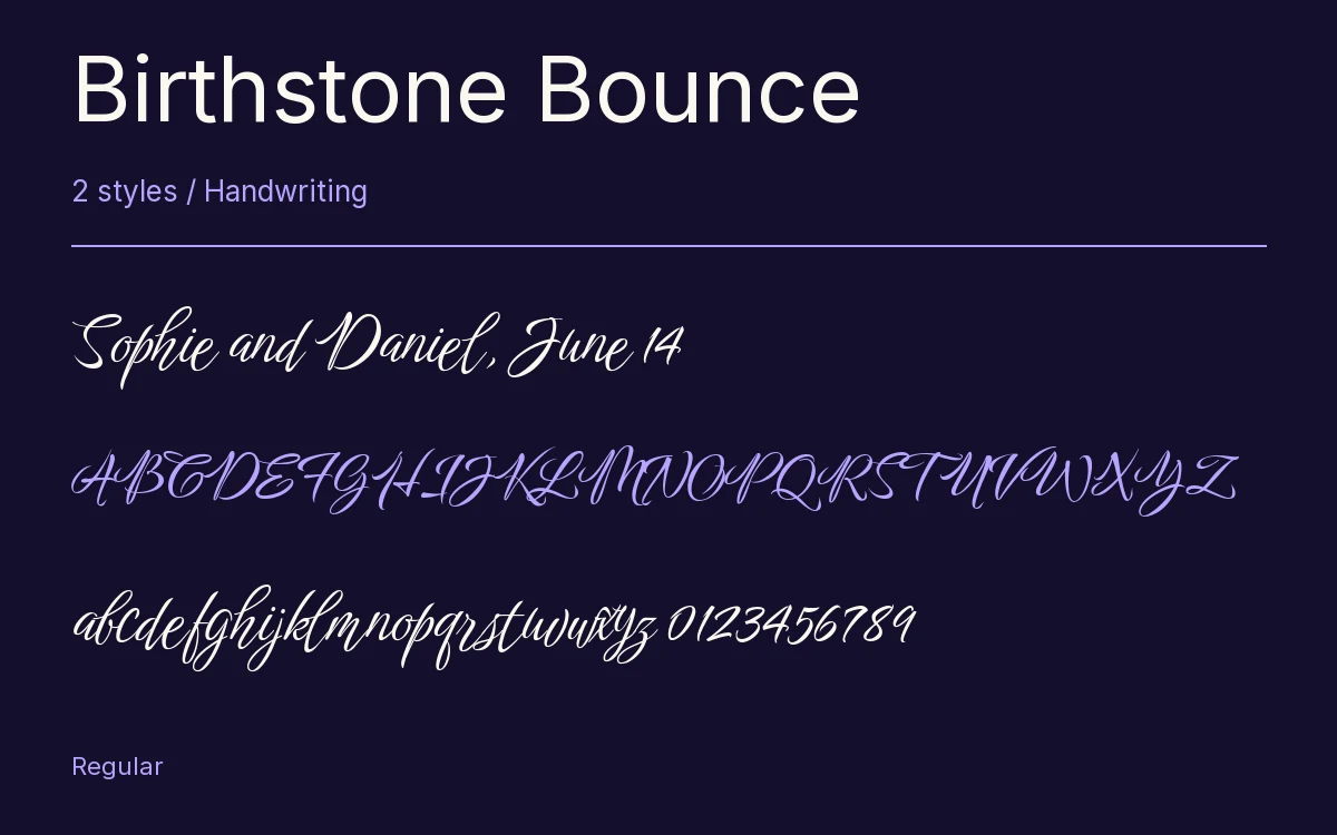 Birthstone Bounce type specimen with letters and figures