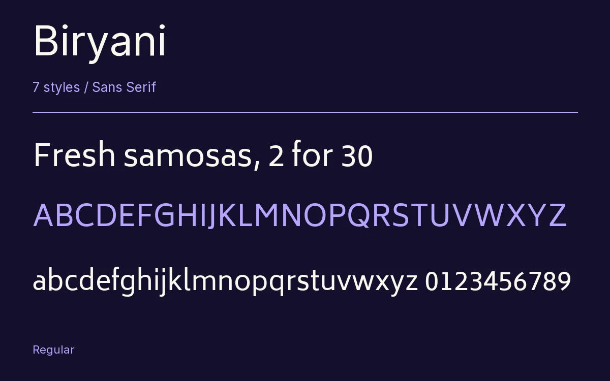 Biryani type specimen with letters and figures