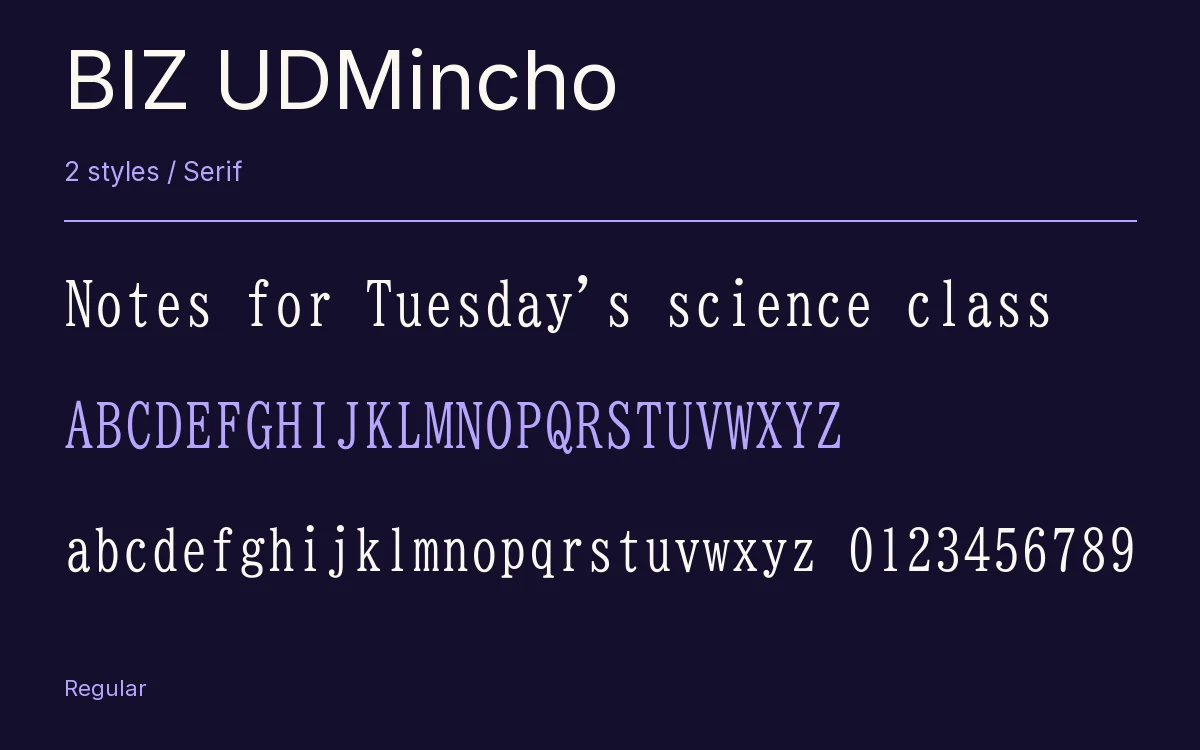 BIZ UDMincho type specimen with letters and figures