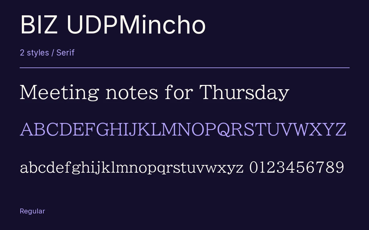 BIZ UDPMincho type specimen with letters and figures