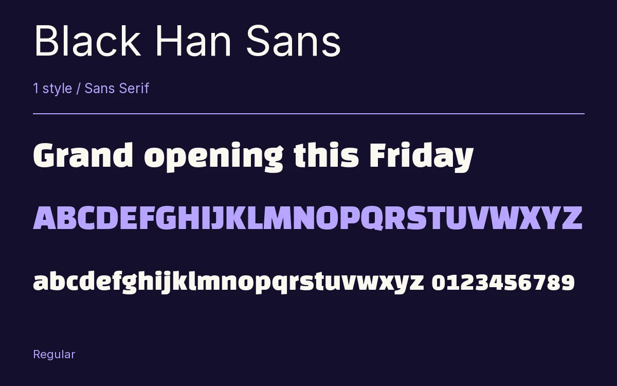 Black Han Sans type specimen with letters and figures