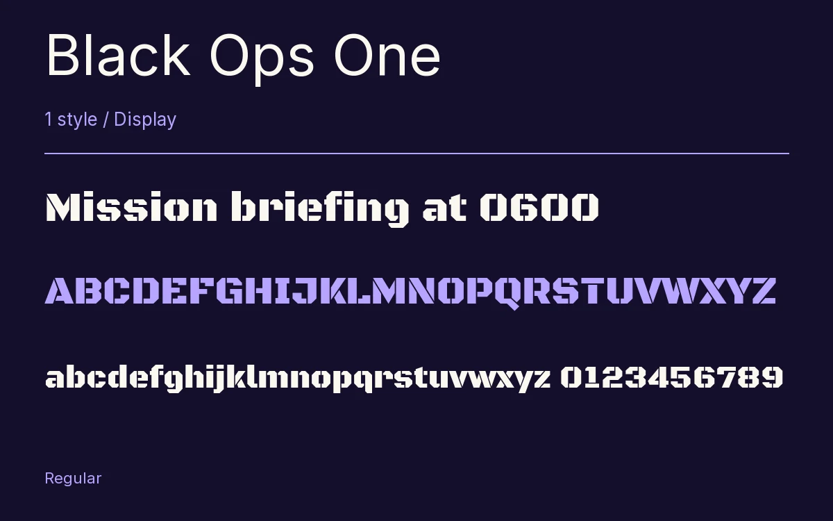 Black Ops One type specimen with letters and figures