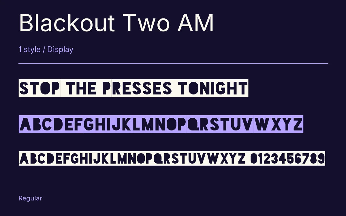 Blackout Two AM type specimen with letters and figures