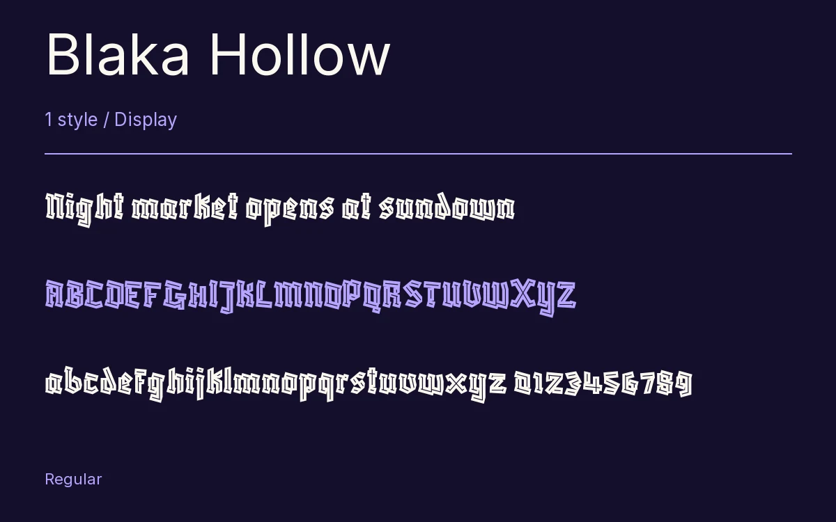 Blaka Hollow type specimen with letters and figures