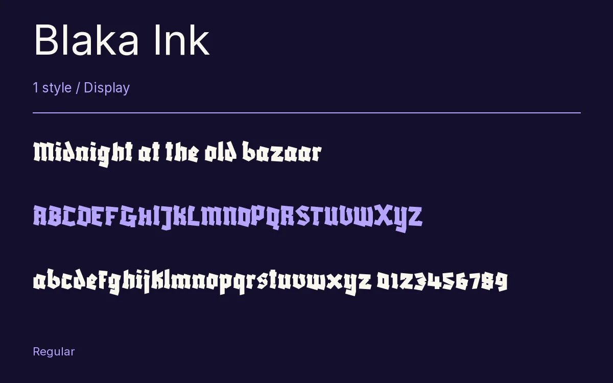 Blaka Ink type specimen with letters and figures