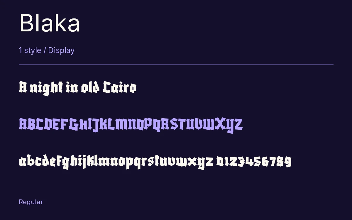 Blaka type specimen with letters and figures