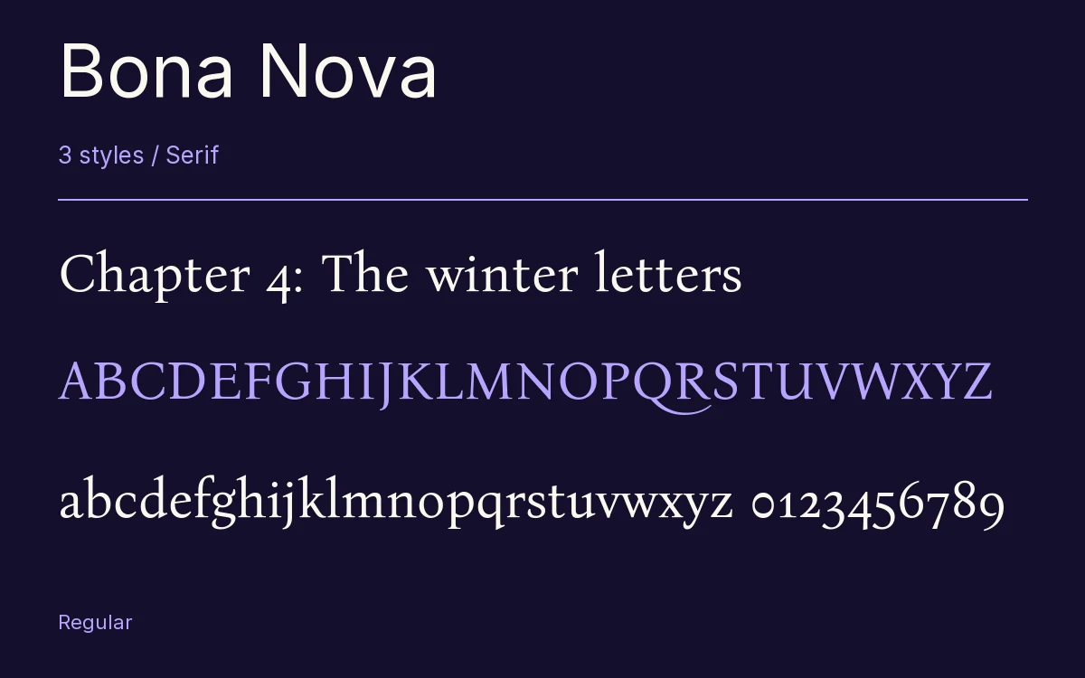 Bona Nova type specimen with letters and figures