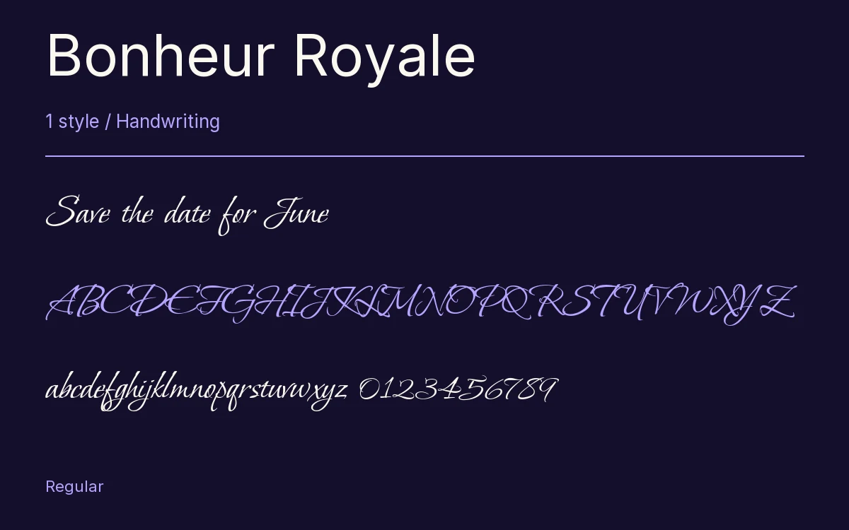 Bonheur Royale type specimen with letters and figures