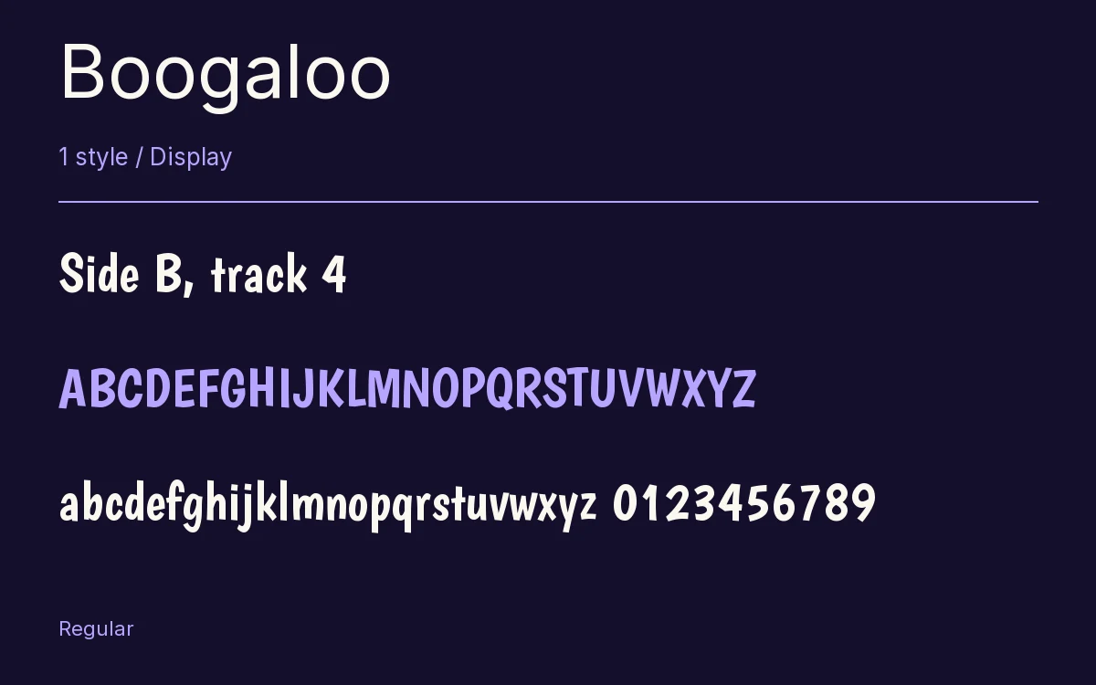 Boogaloo type specimen with letters and figures