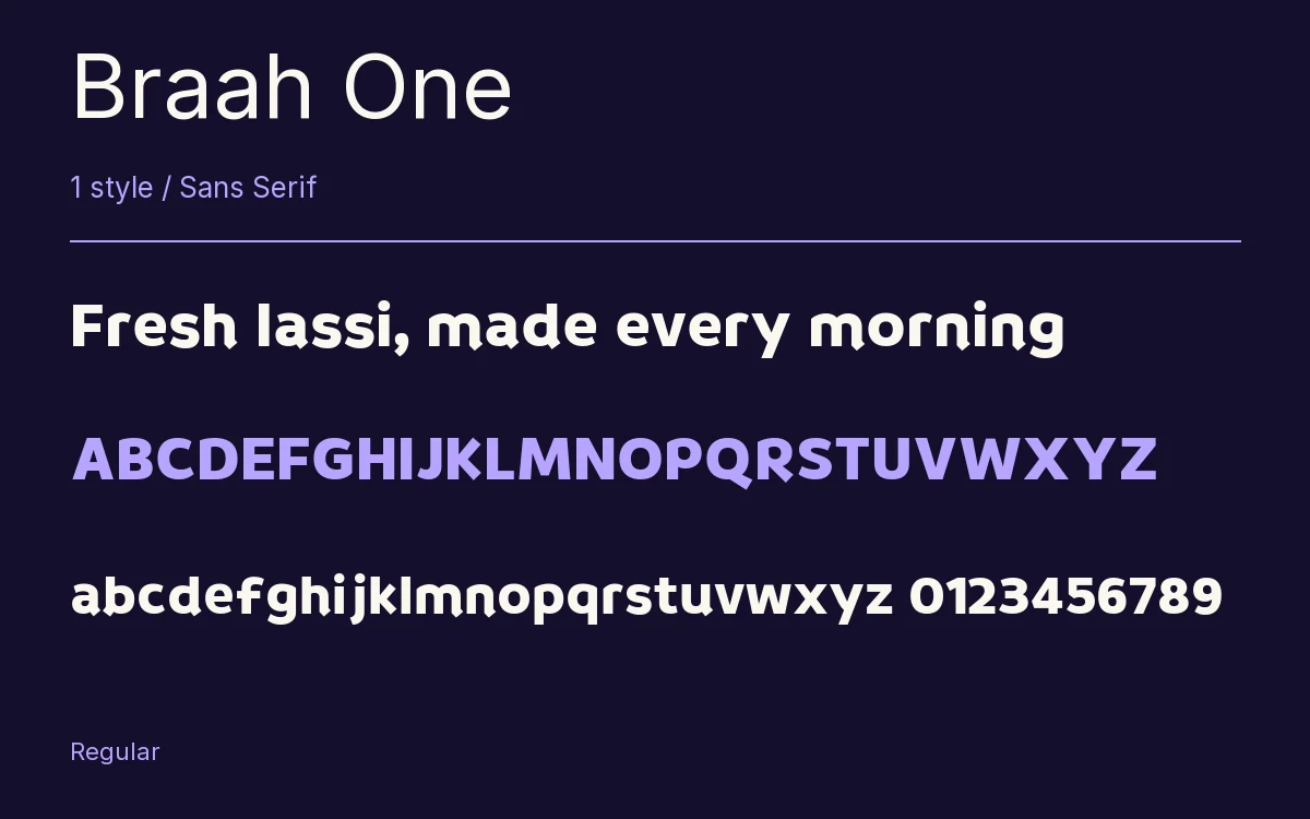 Braah One type specimen with letters and figures