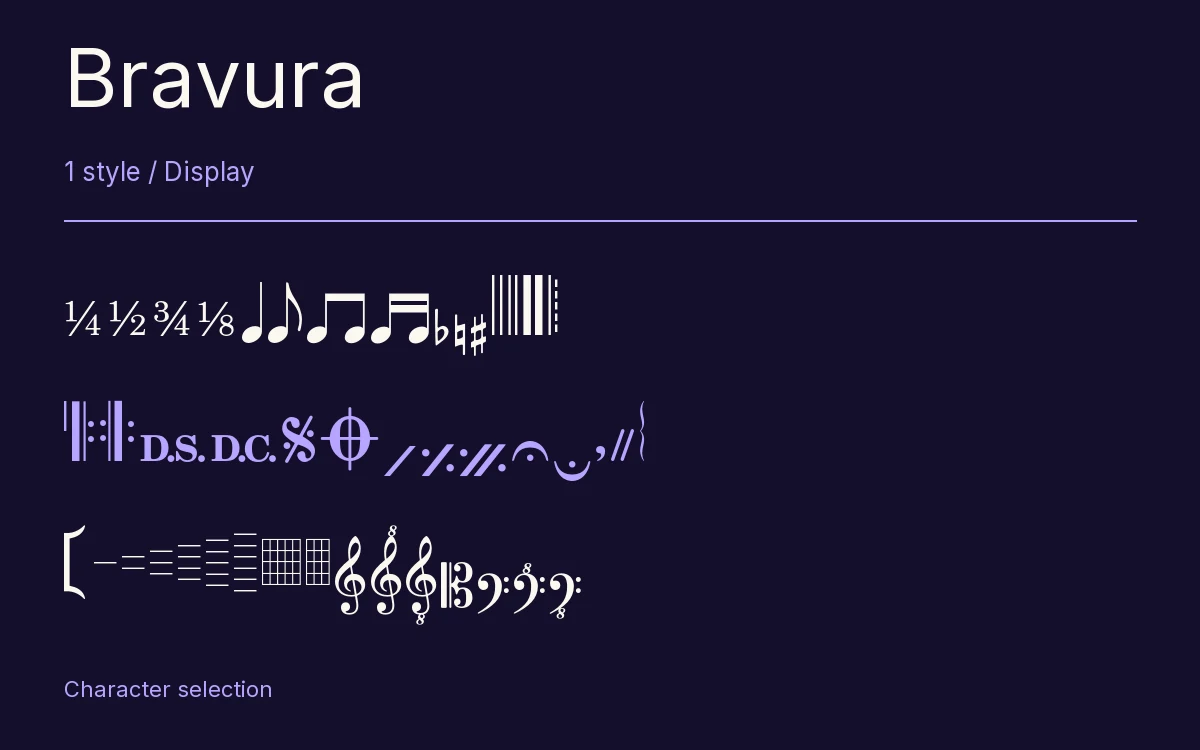 Bravura type specimen with letters and figures