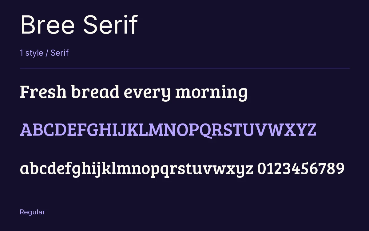 Bree Serif type specimen with letters and figures