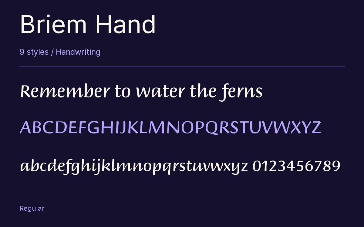 Briem Hand type specimen with letters and figures