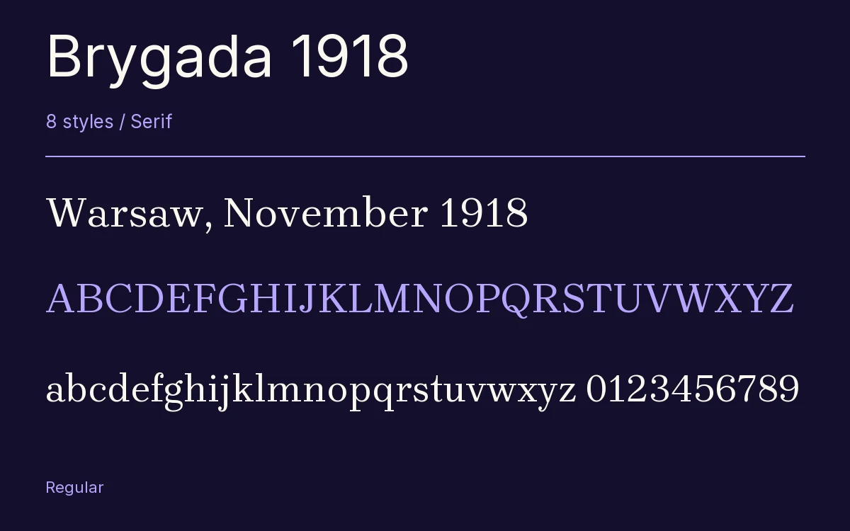 Brygada 1918 type specimen with letters and figures