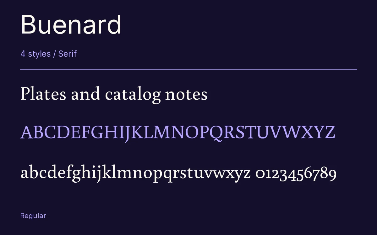 Buenard type specimen with letters and figures