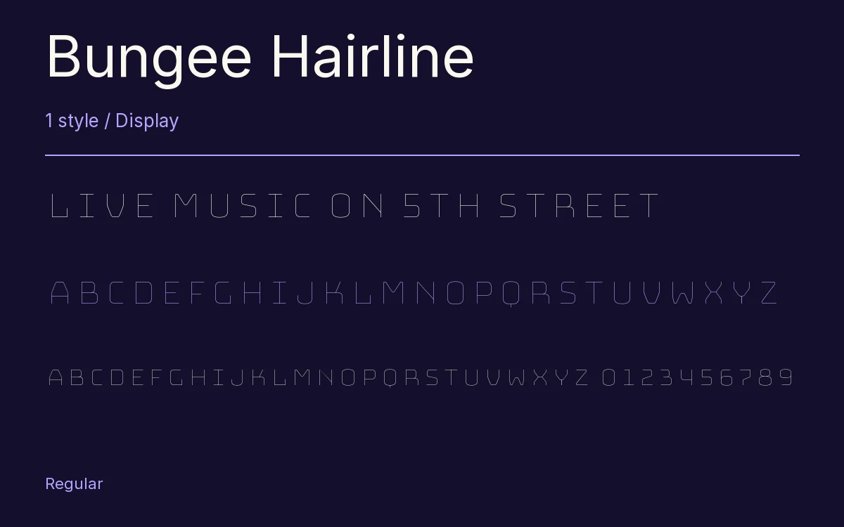 Bungee Hairline type specimen with letters and figures