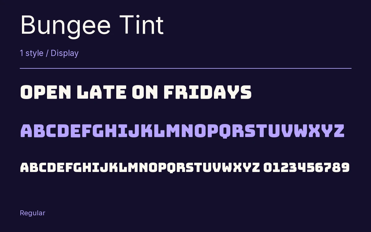 Bungee Tint type specimen with letters and figures