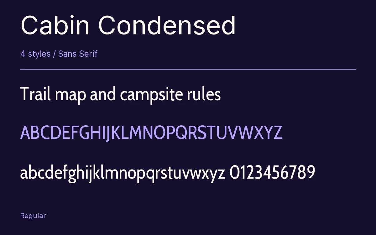 Cabin Condensed type specimen with letters and figures